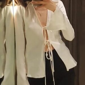 NWT ZARA White Semi Sheer Long Sleeve Open Tie Front Top Blouse S